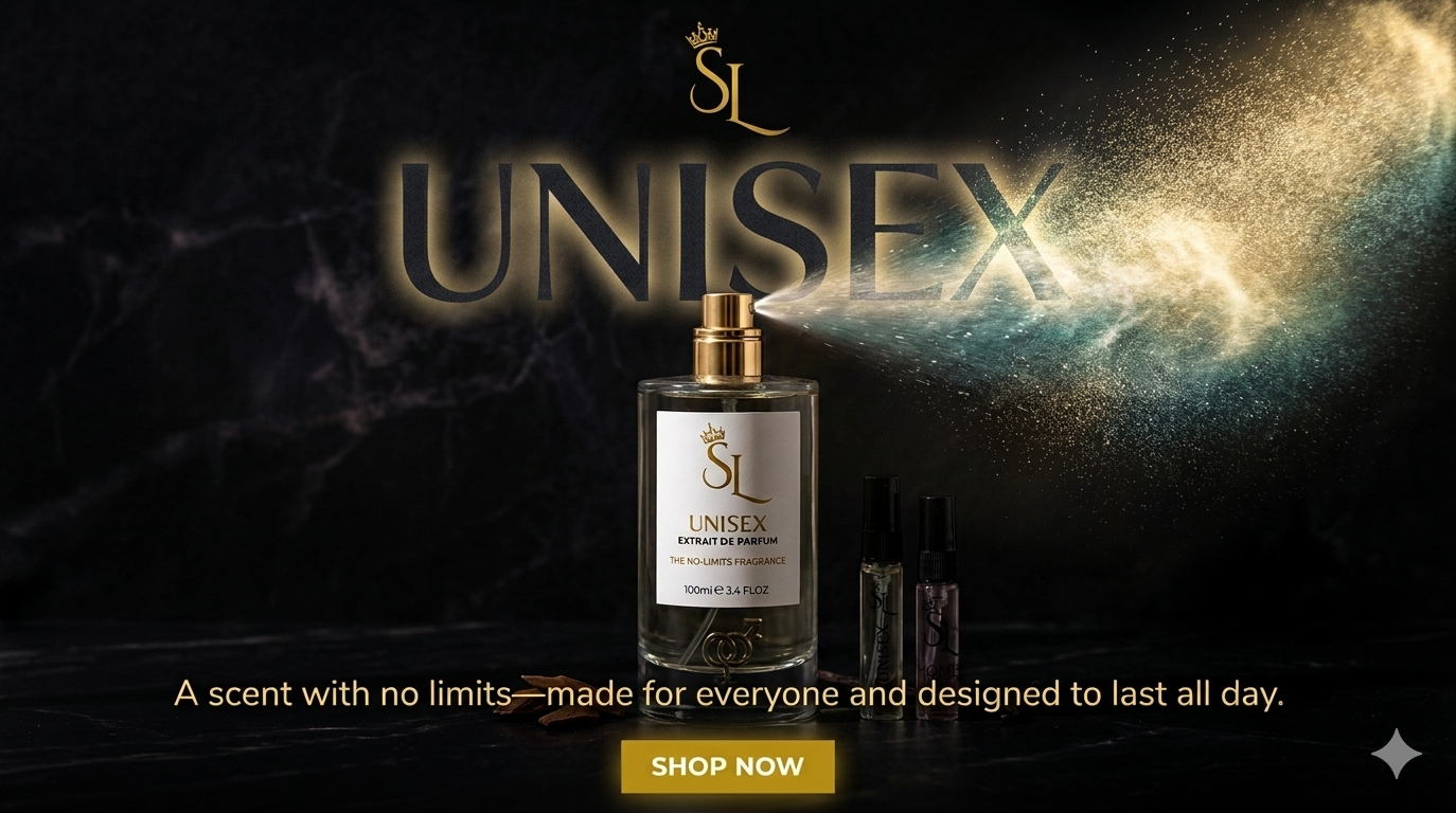 Set against a dark, moody marble background, a large glass perfume bottle stands in the center with a gold cap. A dramatic spray of golden, shimmering mist erupts from the right side of the bottle’s nozzle, swirling through the air.