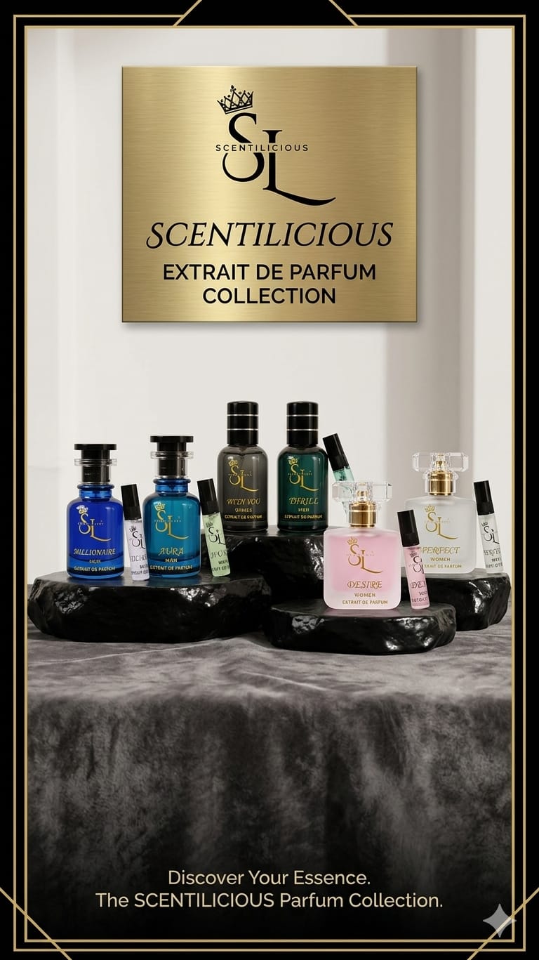 Collection of perfumes with Scentilicious logo and branding.