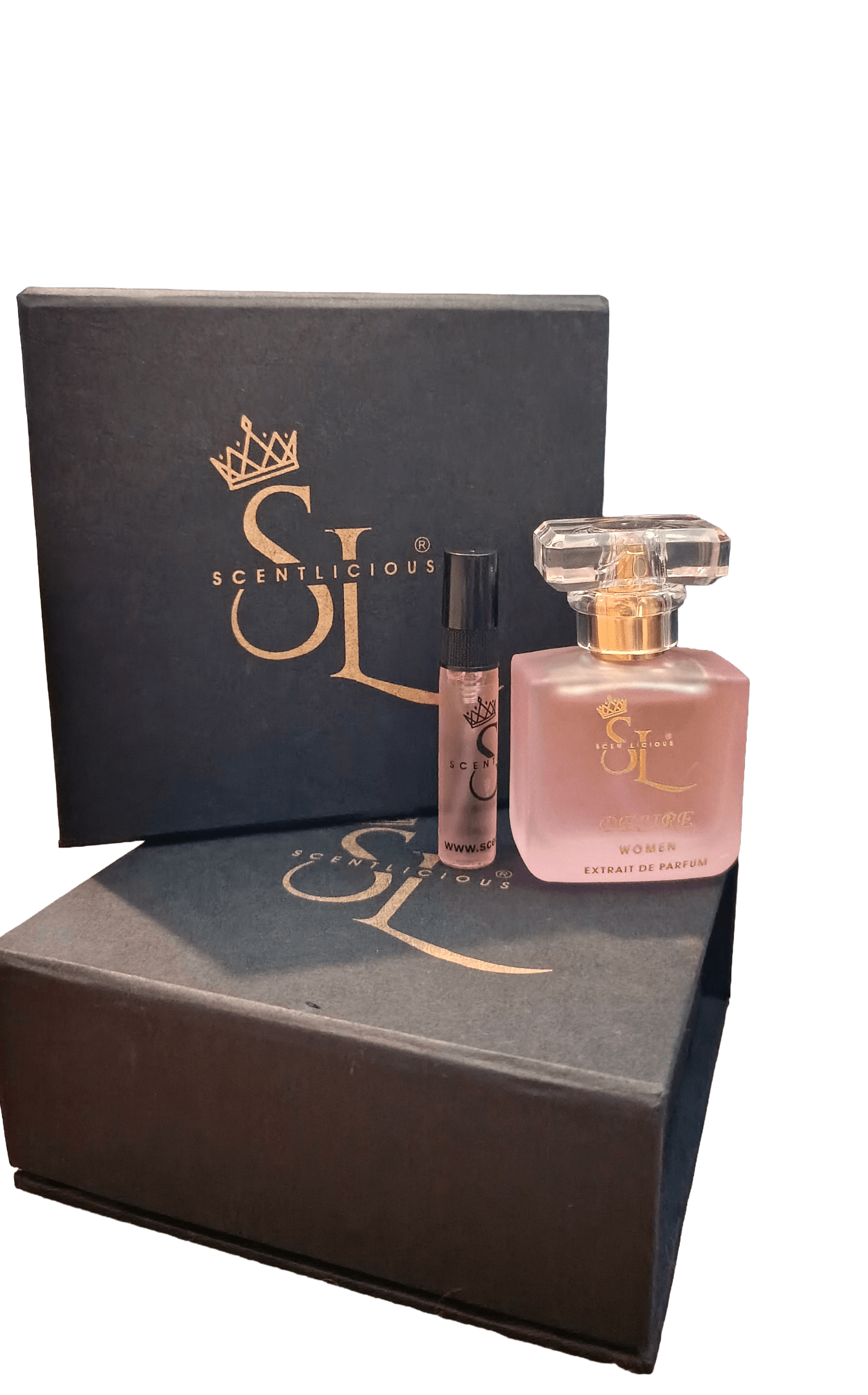 perfume bottle with mini bottle also with a black box featuring 'SL' logo on a white background