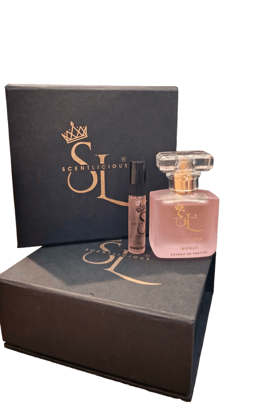 perfume bottle with mini bottle also with a black box featuring 'SL' logo on a white background
