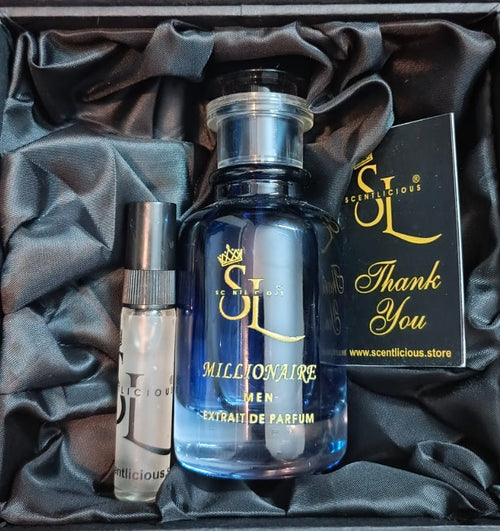 Millionaire perfume with a black box on a brown surface
