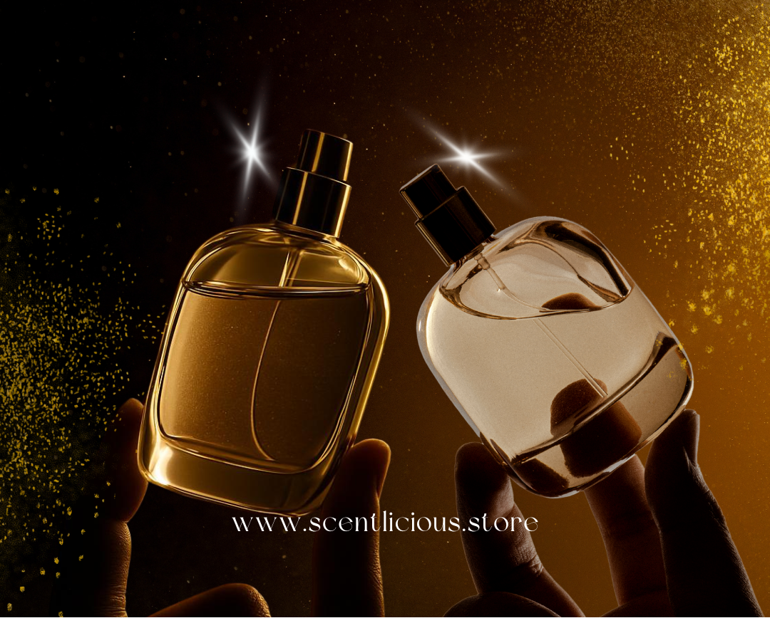 Two perfume bottles held by hands with a dark and gold gradient background, featuring the text 'Define Your Aura: Where Passion Meets Scent' and the brand name 'Scentlicious'.