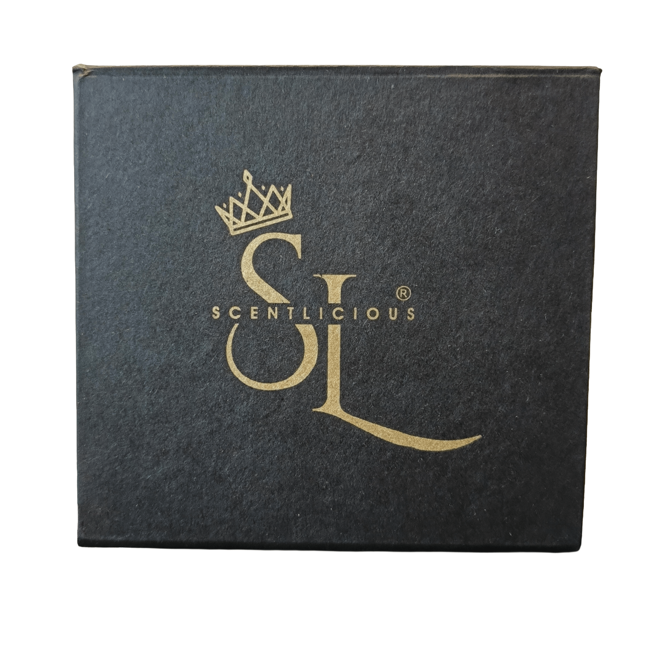 Black box with gold logo and text on a white background