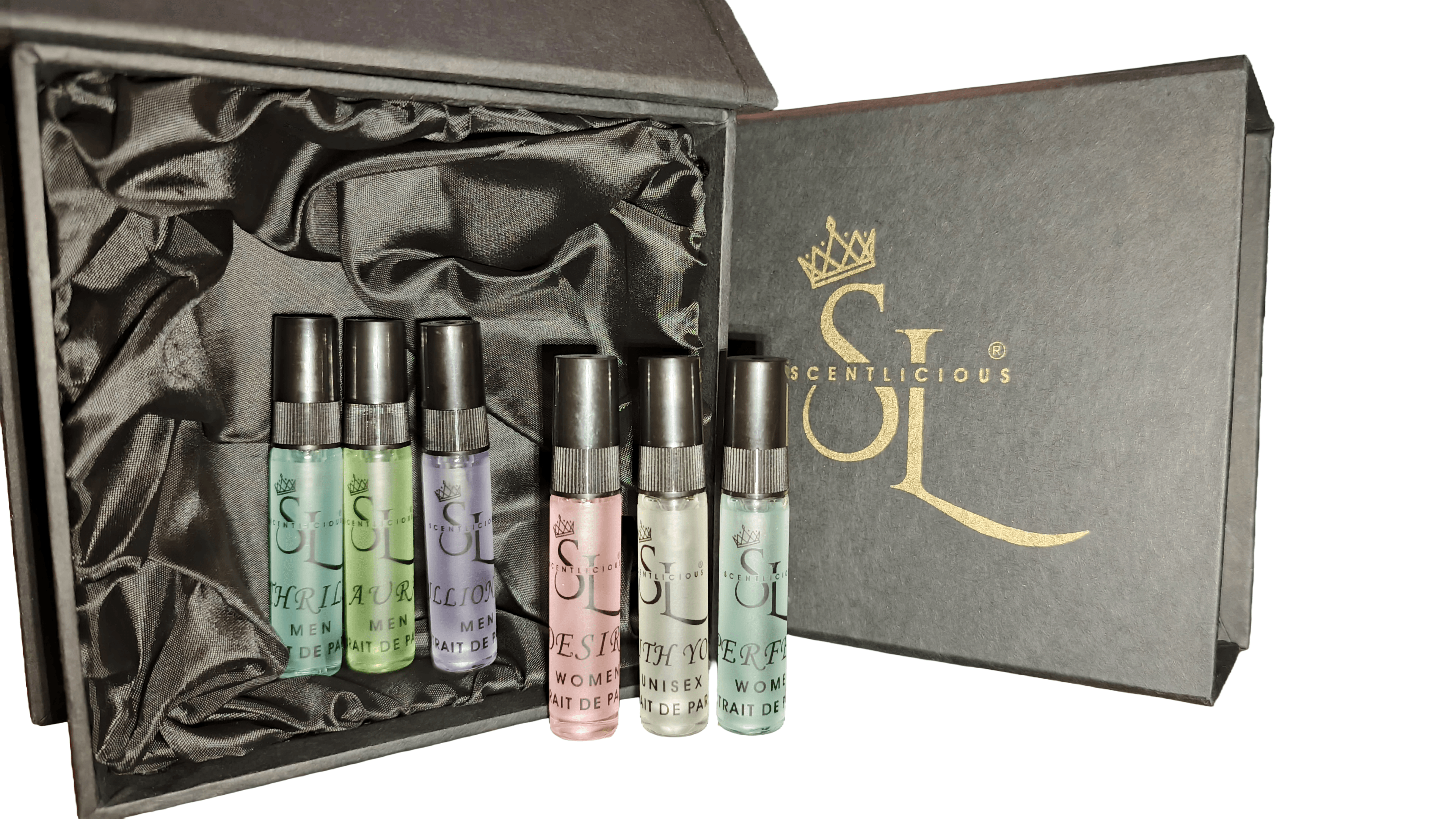 Set of small perfume bottles in a decorative box with 'Secteticlicious' branding.