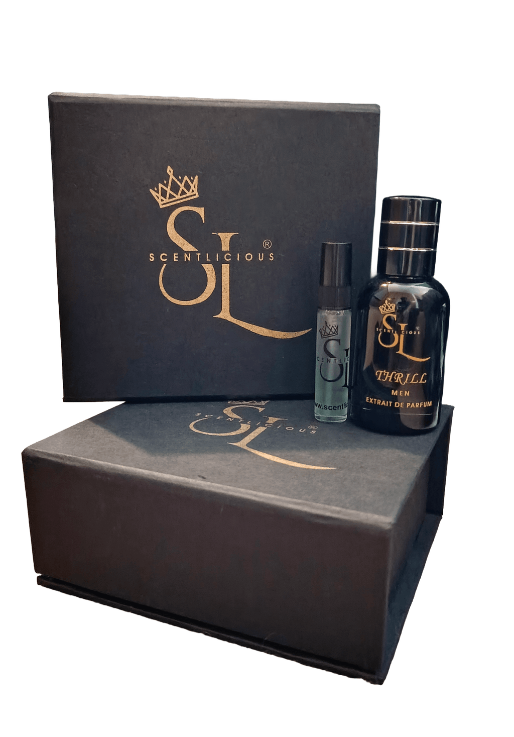 'Scenticious' perfume bottle with mini perfume bottle with a black box on a white background