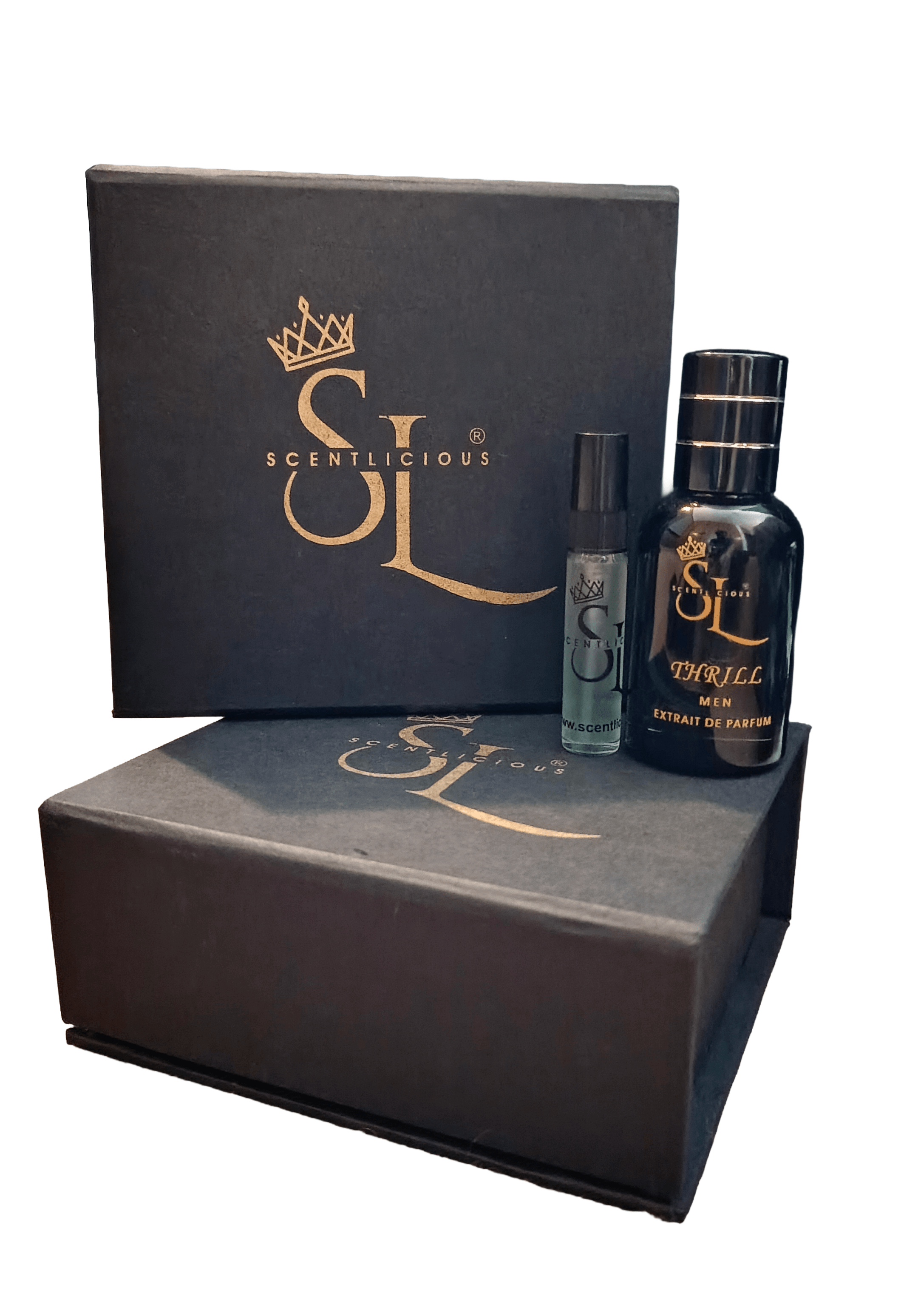 'Scenticious' perfume bottle with mini perfume bottle with a black box on a white background