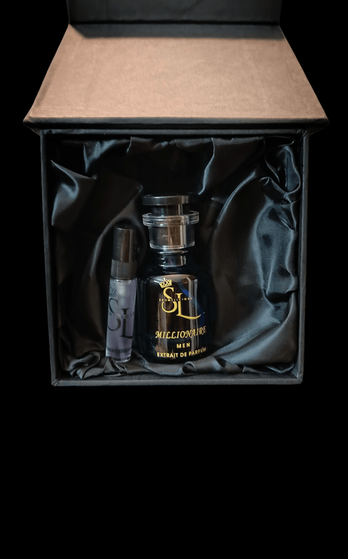 perfume bottle with min perfume in a black gift box on black background
