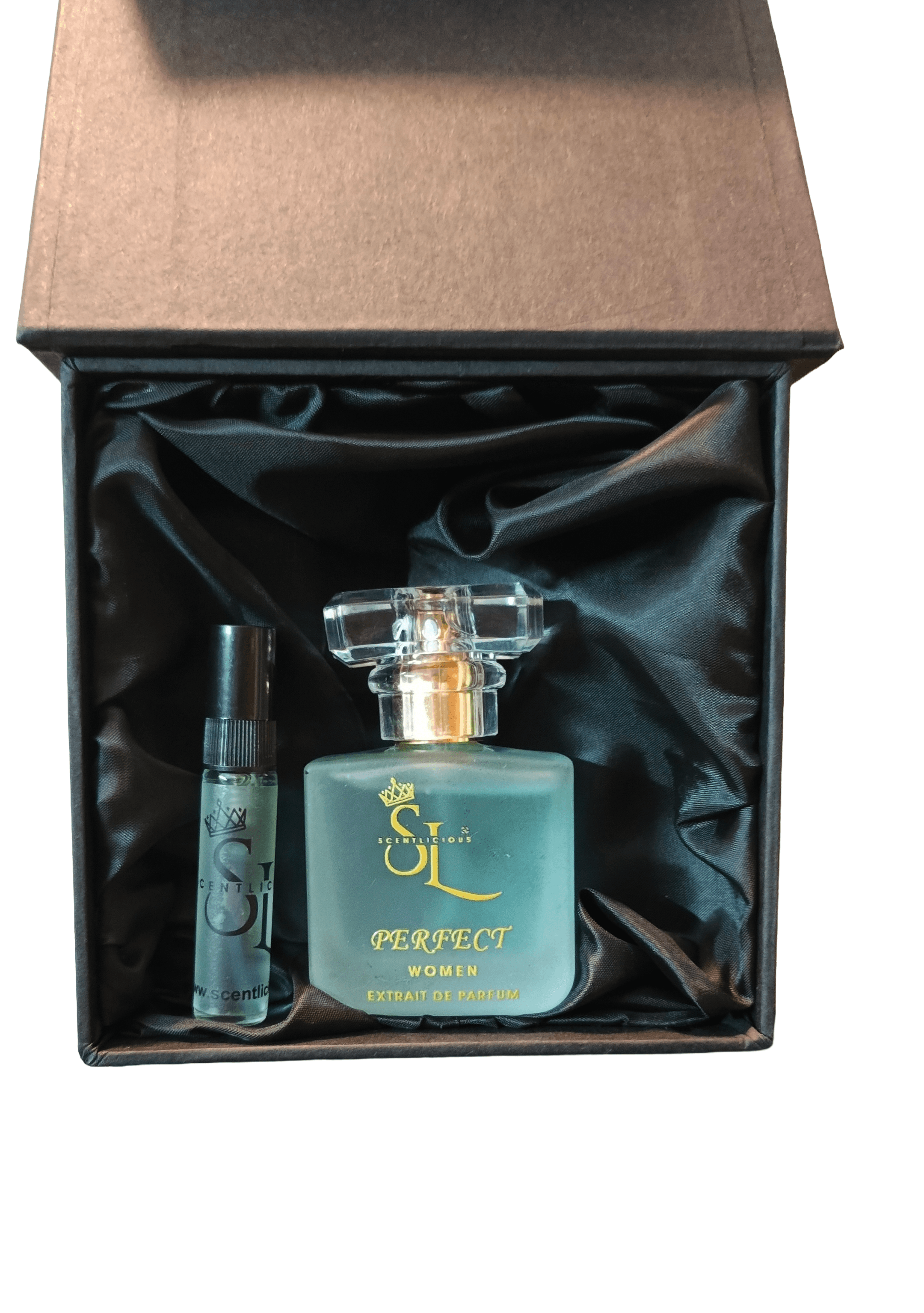 Two perfume bottles in a black satin-lined box