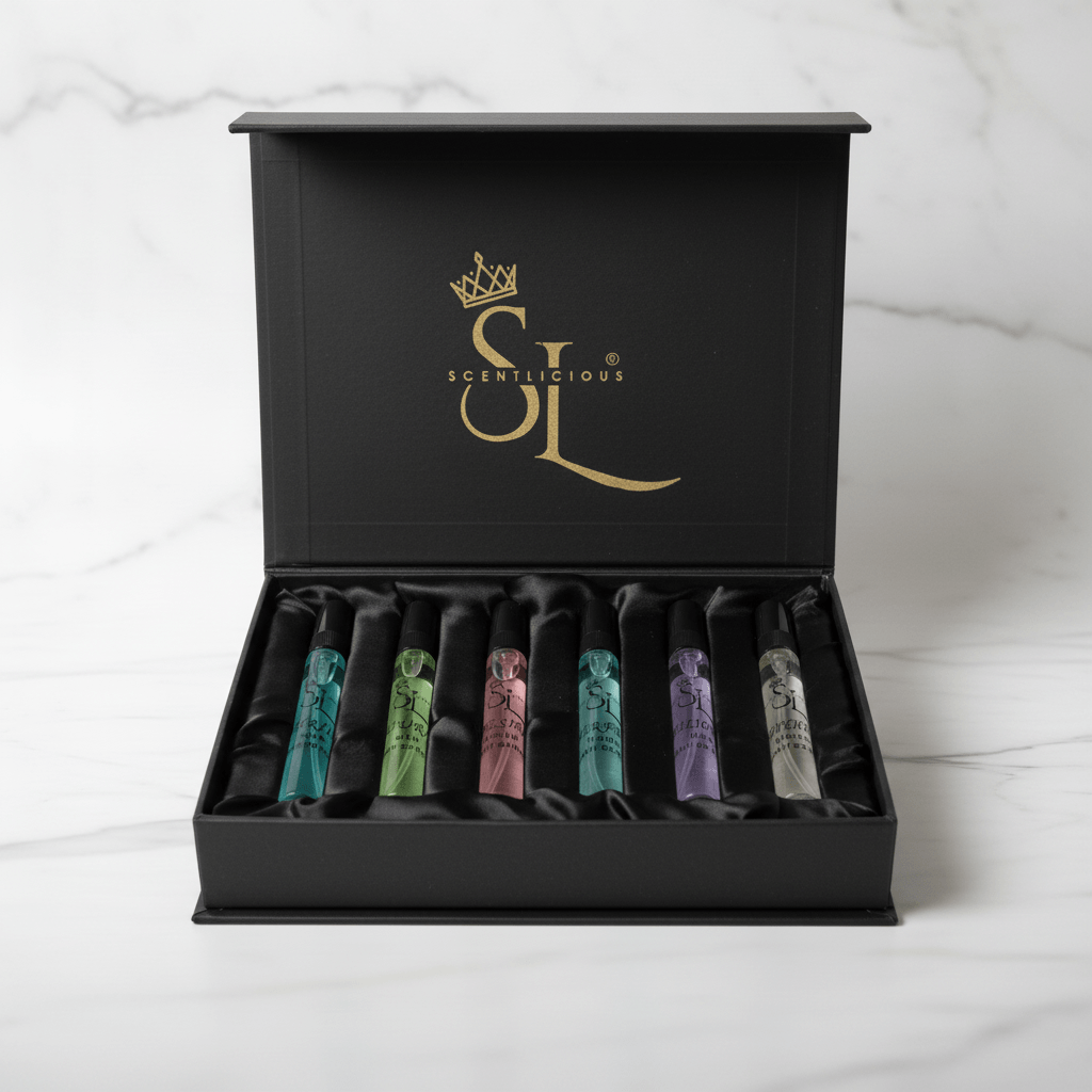 Travel Friendly Mini Perfumes Set in elegant black box with gold logo
